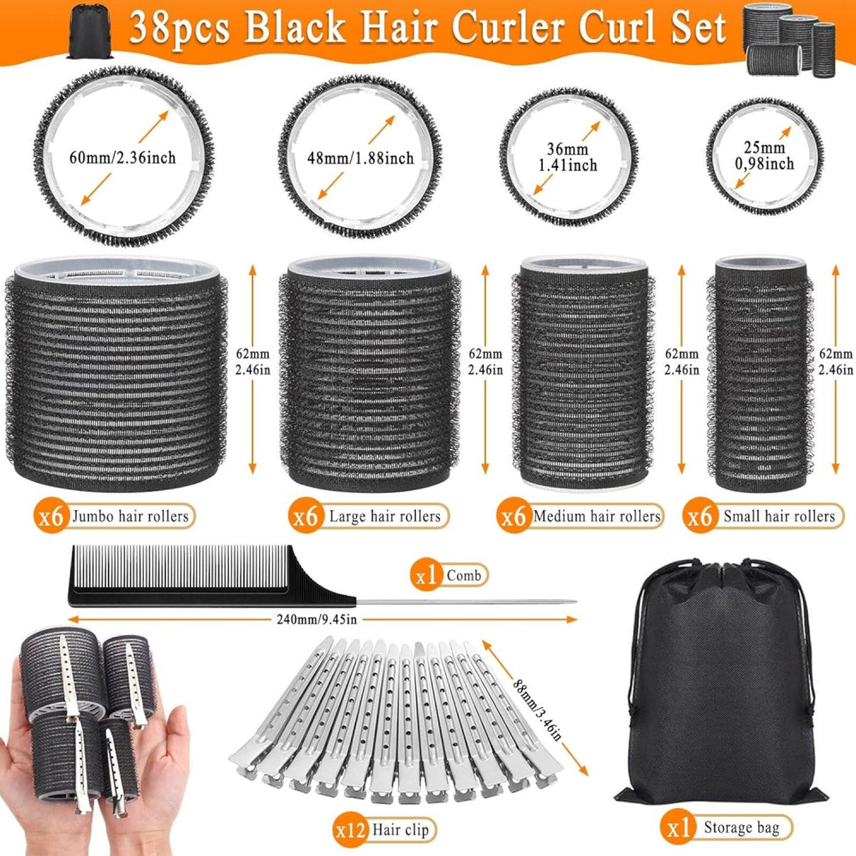 Curlers - 38 Pieces - 4 Sizes - Heatless Curls - Hair Rollers - Hair Curler - Adhesive Rollers - Hair Rollers - Curlers - Heatless Curls - Hair Curler - With Comb, 12 Hair Clips And Storage Bag - Various Curling Effects - Black