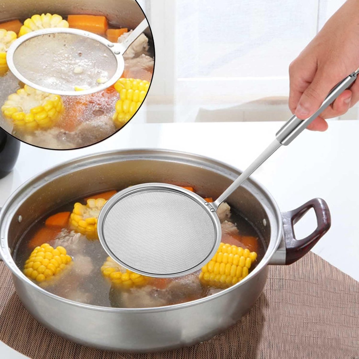 Skimmer - 2 Pieces - Deep-frying Spoon - Deep-frying Scoop - Food Sieve - Skimmer Spoon - Colander Spoon - Draining Potatoes/Vegetables/Pasta - Cooking Supplies - Kitchen Tools - Skimmer Spoon - Sieve - Colander - Hanging - With Handle - ø14 cm - Stainles