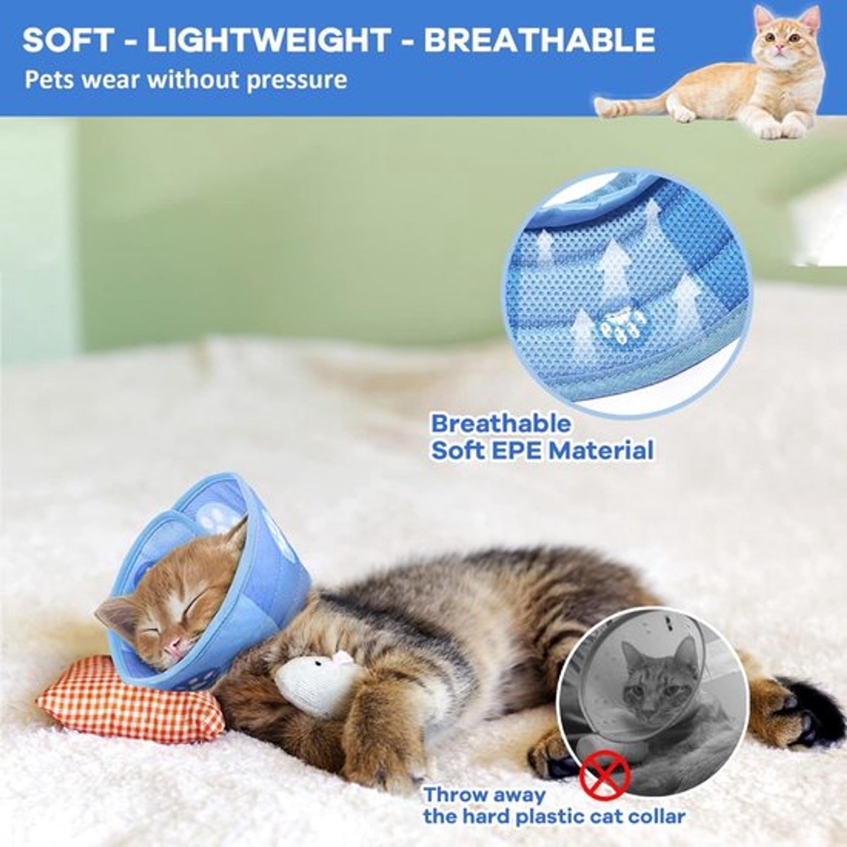 Cat collar - Cat recovery collar - Cat collar - Cat cone - Elizabethan Collars For Cats - Cat Collar - Adjustable - Soft - Size L - Blue