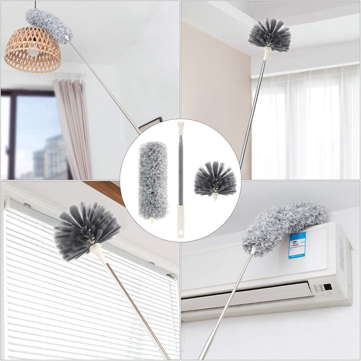 Telescopic Feather Duster Set - Feather Duster - Longest 250cm - Microfiber - Adjustable Telescopic Handle - 2 Bendable Brush Heads - Washable and Rotatable - Effective Dust Removal - Flexible & Practical - Handy for Home Cleaning
