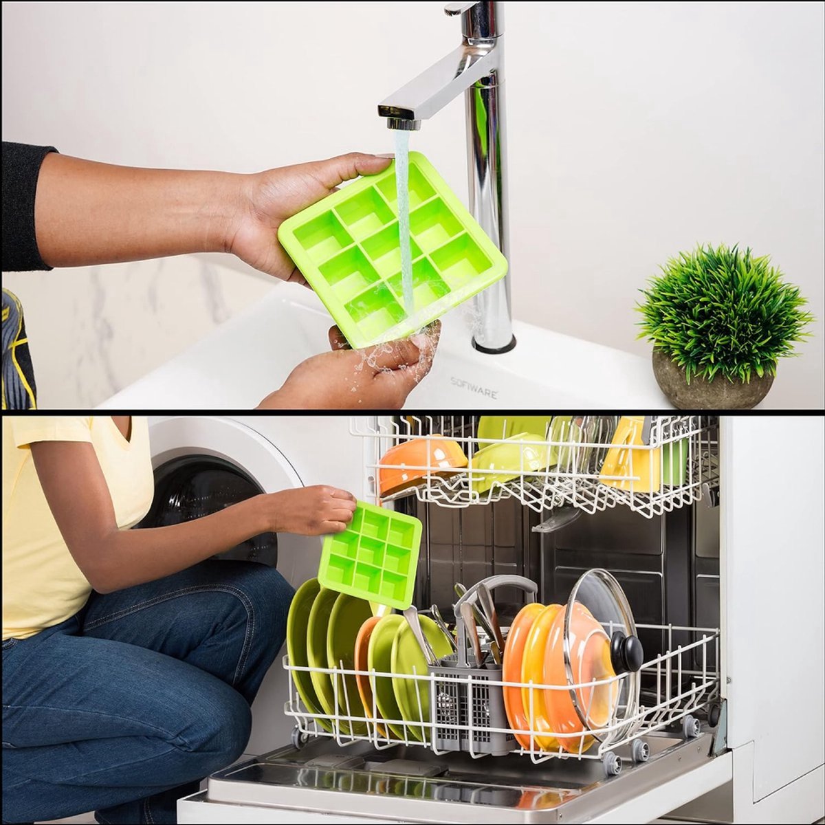 2x Ice Cube Tray With Lid - Silicone Ice Cube Tray - BPA Free - 2 x 9 Cells - 3.5cm Ice Cubes - Dishwasher Safe - Ice Cube Tray - Ice Cube Tray - Square - Green - Reusable - Easy to Push Out