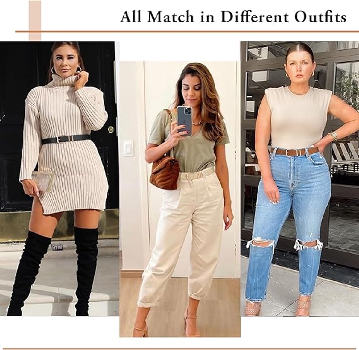 3-Piece Belt - Women's Belt - Stylish Retro - Trouser Belt - Women - Adjustable Unisex Belt - 110cm - Leather - Women's Belts for Jeans Dresses Trousers Women's Leather Waist Belt with Gold Buckle - 110 CM
