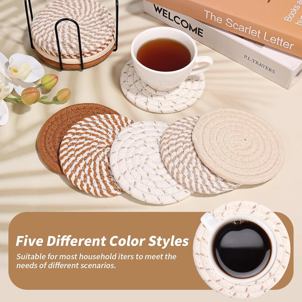 Set of 10 Round Coasters with Stand - Coaster Set - Thermal Insulation - Non-Slip Braided Cotton Coasters - Coasters for Glasses - for Glasses - For Drinks, Bar, Cups, Table Coasters - Khaki/White