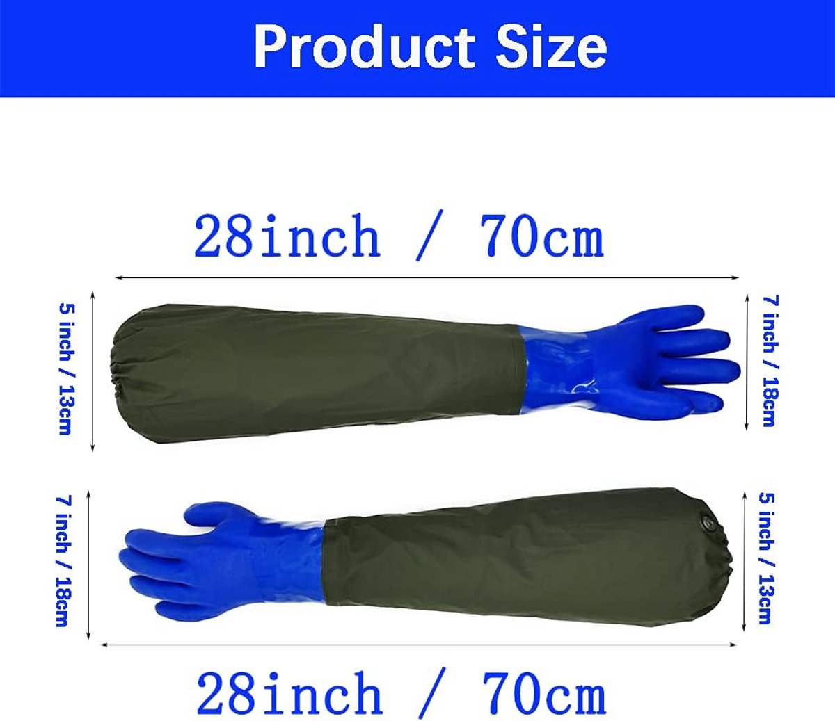 Long rubber gloves - Gloves - Waterproof gloves - Pond gloves - Car wash gloves - Clothing gloves - Care gloves - Waterproof/oil-resistant/acid- and alkali-resistant - waterproof PVC - 70 cm - blue