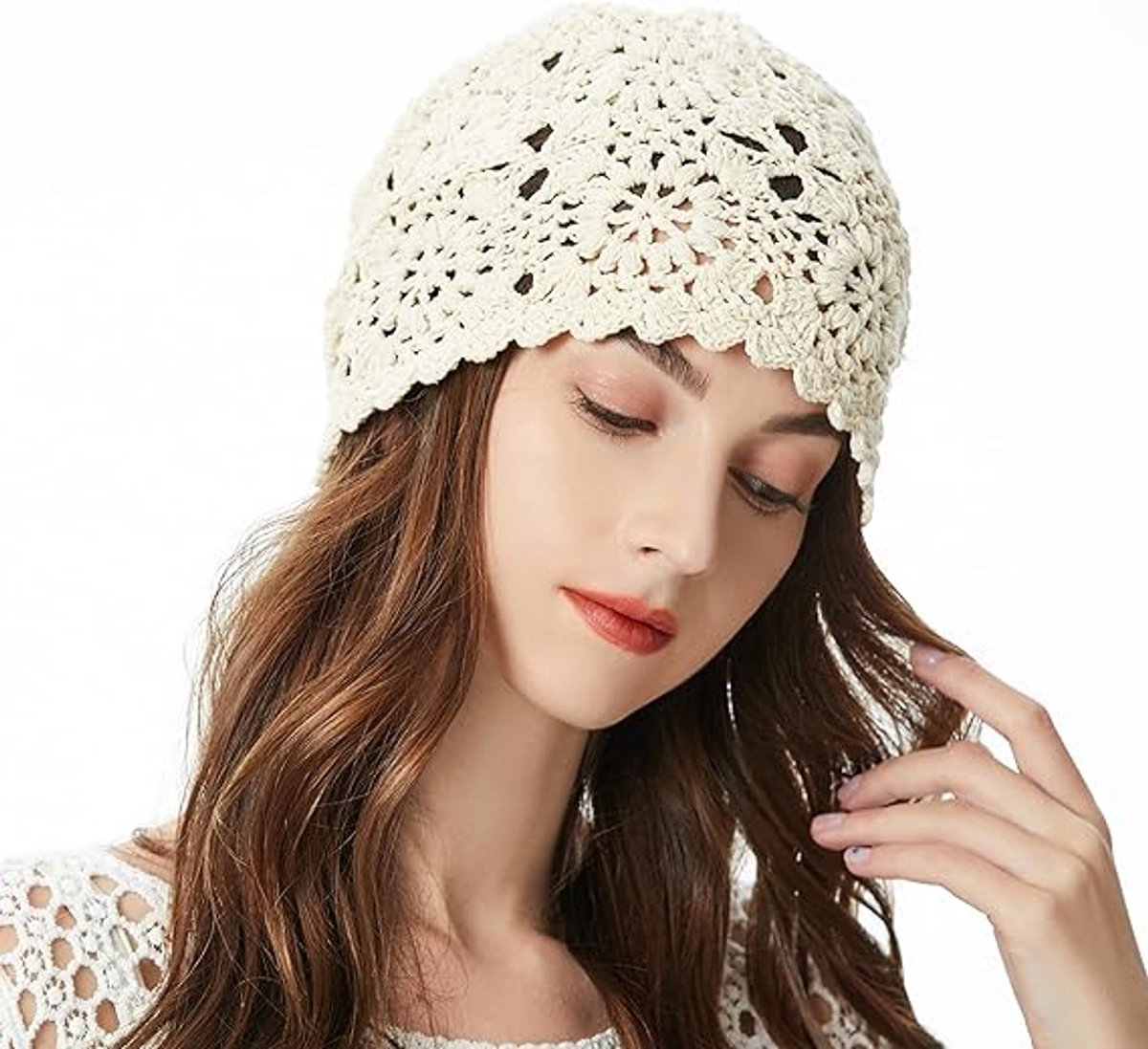 4-Piece Hat - Ladies' cotton crochet hat - Hand-knitted - Cotton hat for ladies crochet hats - Hand-knitted floral skull hats for autumn - cutouts - Knitted - Lightweight knitted hats for ladies - For Heads Of 55-61 Cm