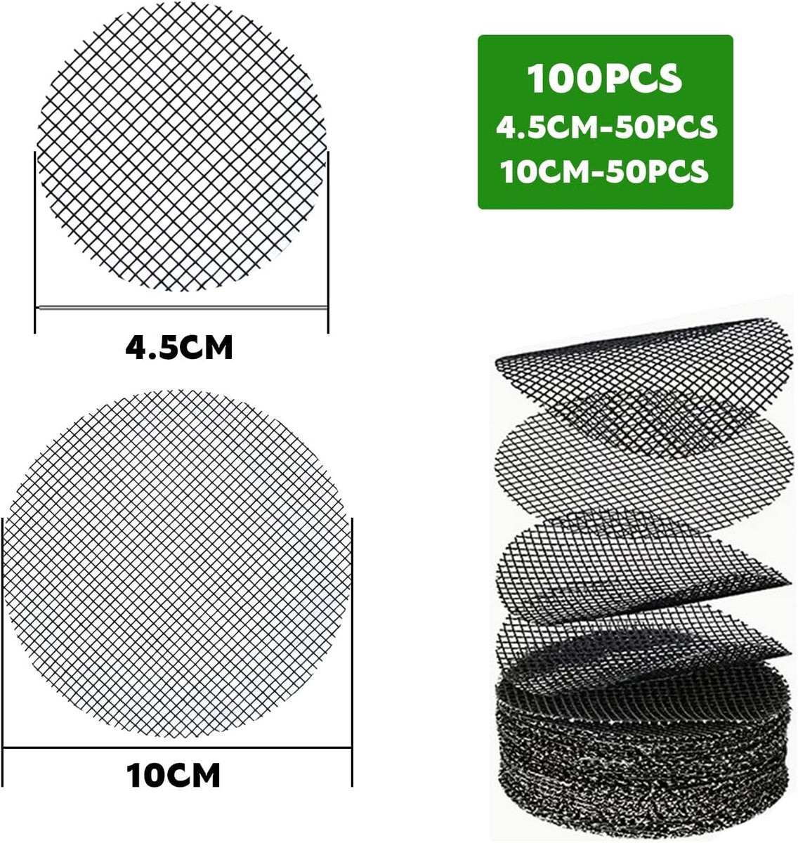 100 pieces - Round flowerpot mat - flowerpot mat - mesh garden mat - plant pot bonsai soil grid - for garden - prevents soil loss - drainage screens - 4.5 cm and 10 cm, 50 pieces each - black