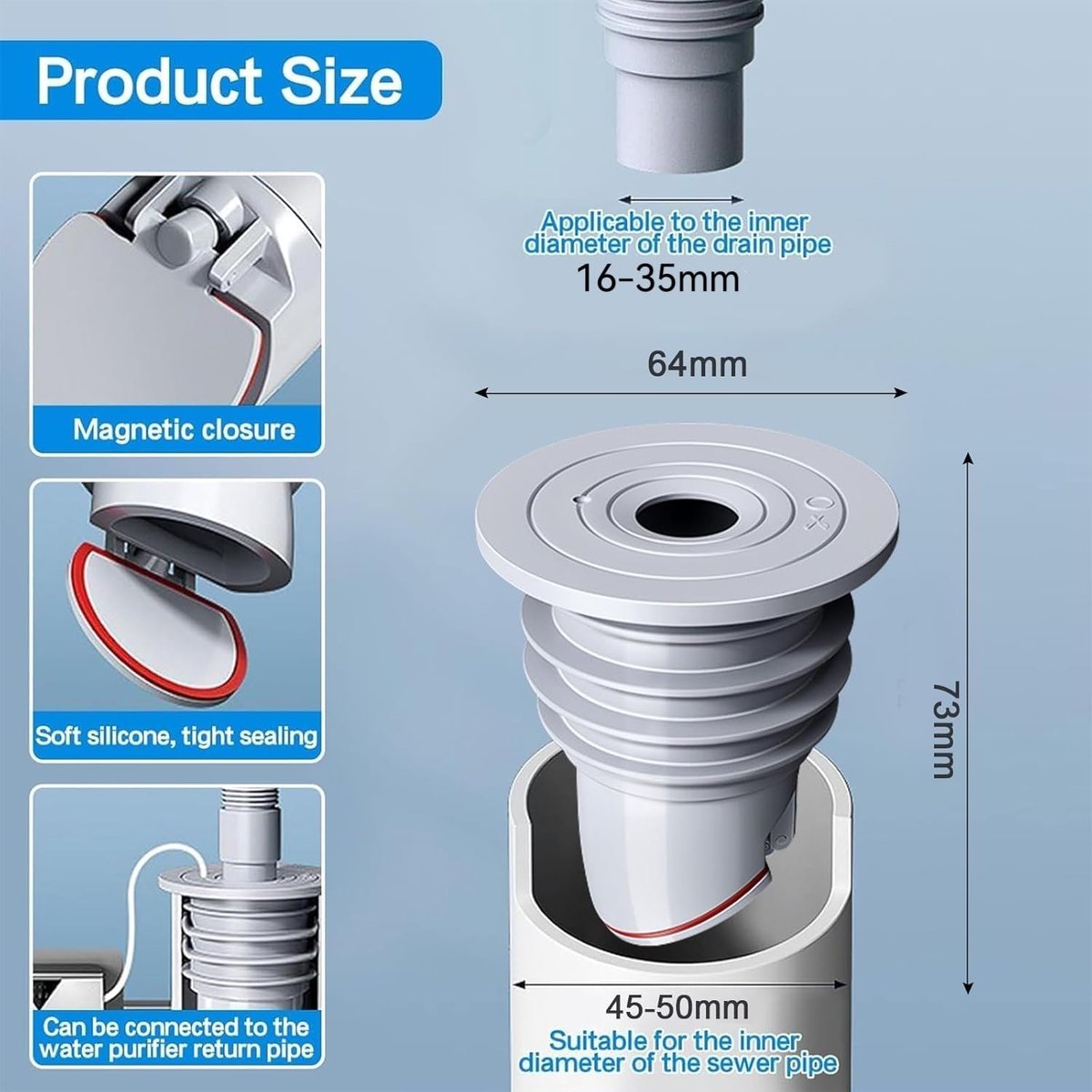 Washing machine drain plug - Sealing ring - suitable pipe inner diameter 45-50 mm - Drain plug - Sewer seals - Floor drain plug cover - drain pipe seal - anti-odor drain seal - with lid - for home, kitchen and bathroom - grey