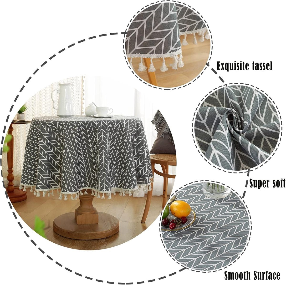 Round Tablecloth - Tablecloth with striped tassels made of cotton and linen - Washable Tablecloth - for table decoration in the kitchen and dining room - Round - 150 x 150 cm