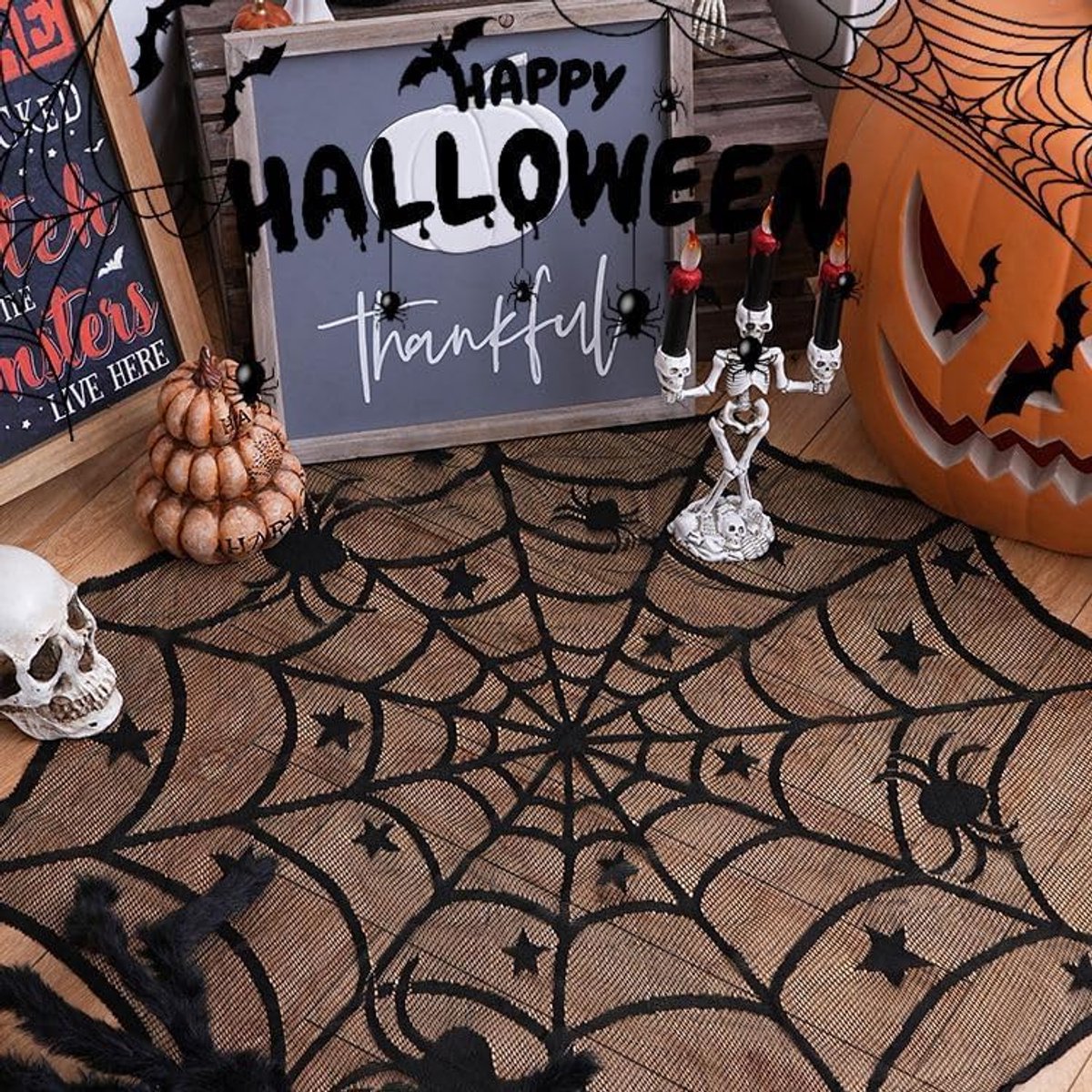 Tablecloth - 102 cm - Halloween tablecloth - table runner - round tablecloth - Halloween table decoration - black round lace spiderweb tablecloth - Interior decoration - lace tablecloth - Halloween party ornament - for Kitchen, Dining Table, Party Supplie