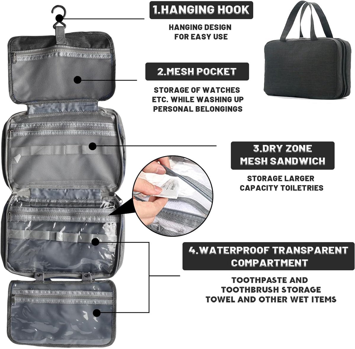 Toiletry bag - Portable hanging toiletry bag - foldable travel toiletry bag - large foldable travel bag - travel makeup bag - storage bag - with 4 compartments - waterproof toiletry bag - unisex - for vacation, shower, camping and travel - 27*18*8 cm - bl