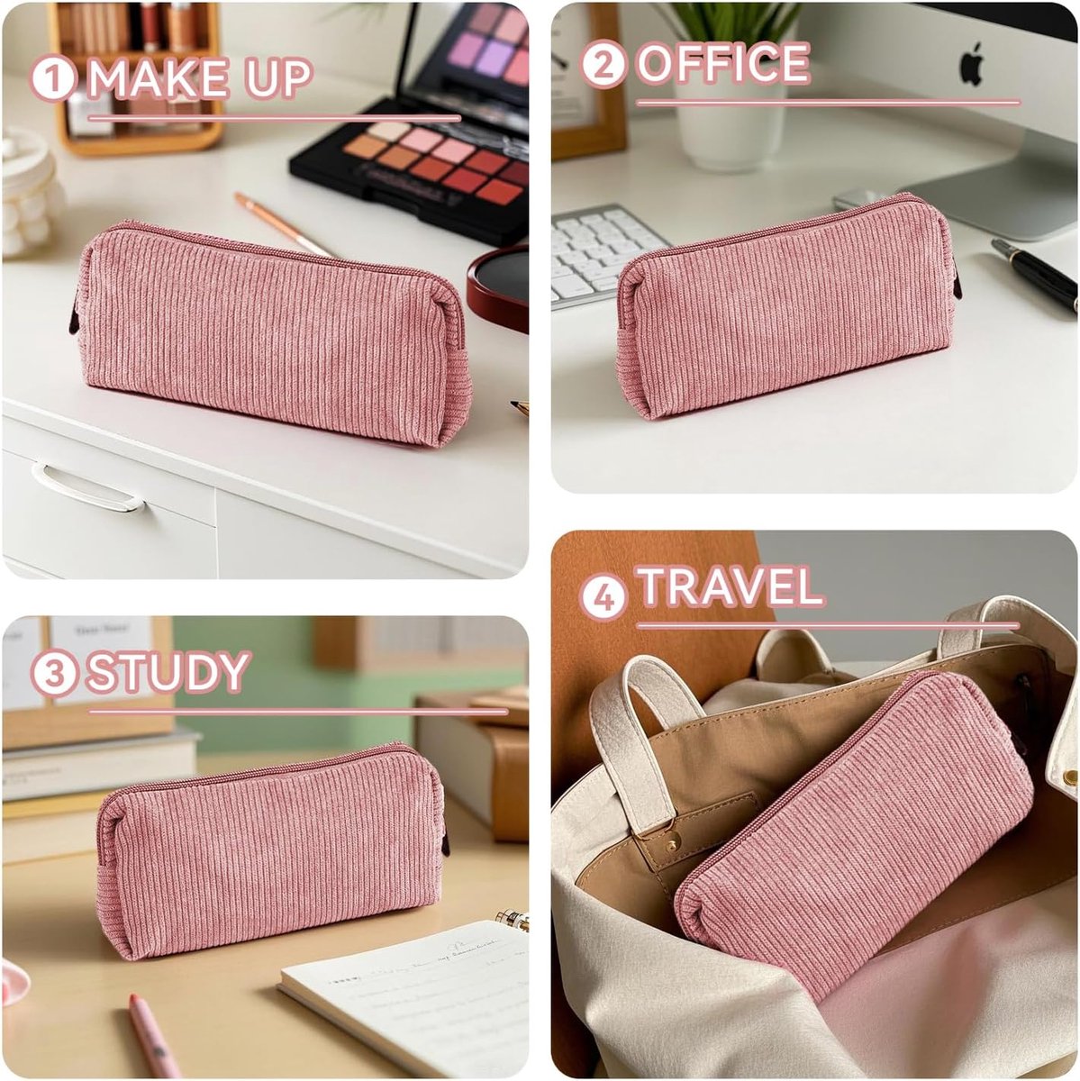 Pencil Case - Pencil Case - Pen Case - Storage Bag - School Pencil Case - Storage Box - Corduroy Pencil Case - Makeup Bag - with Zipper - Cosmetics Organizer - for girls, boys, adults and teenagers - 20*4.5*7.5cm - Pink