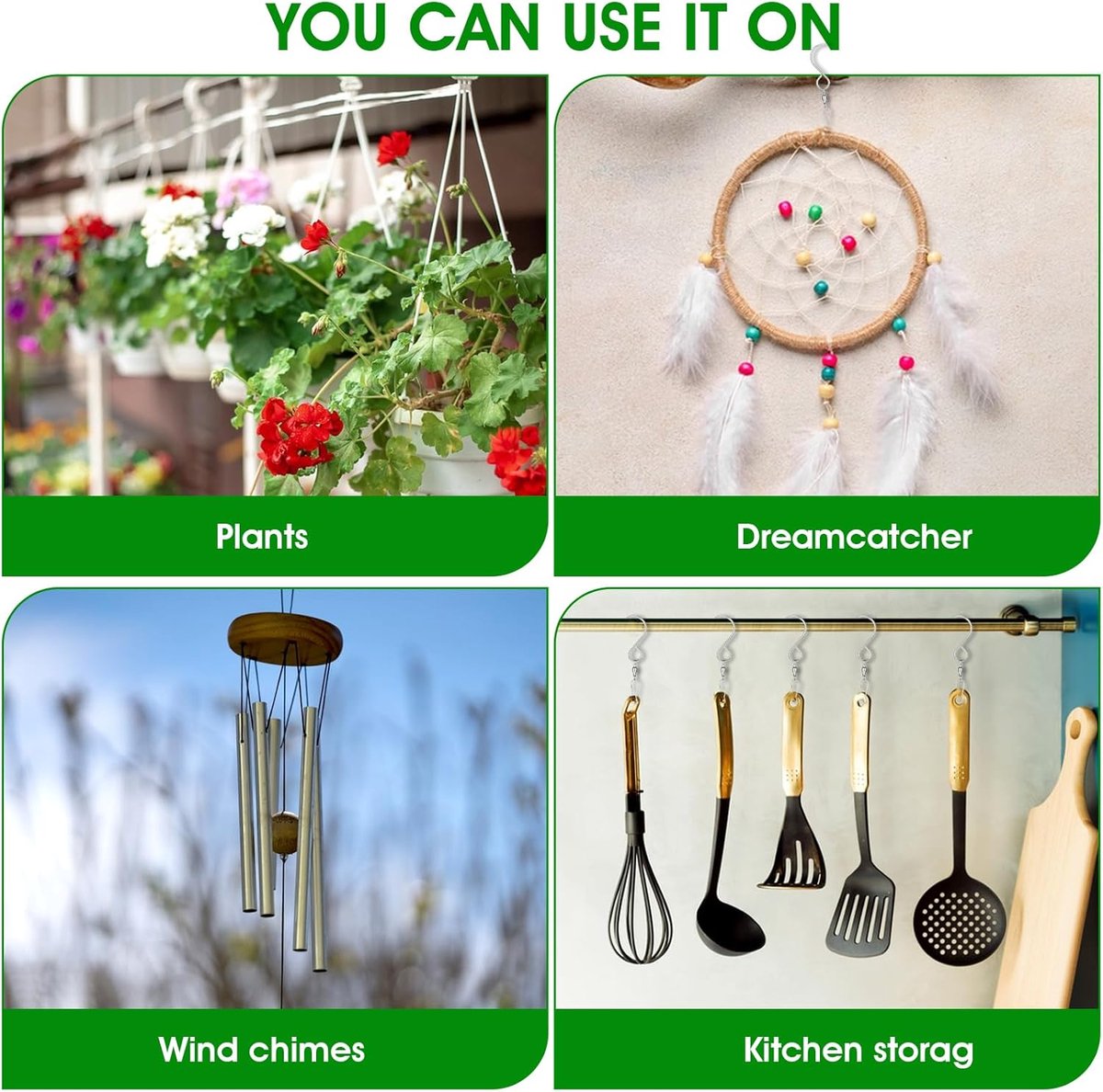 Set of 12 wind swivel hooks - Suitable for 360-degree hanging plants - Double 360-degree rotatability - Wind chimes, light clips - Bird feeders - Bird baskets - Bird baths - Hanging plant clips