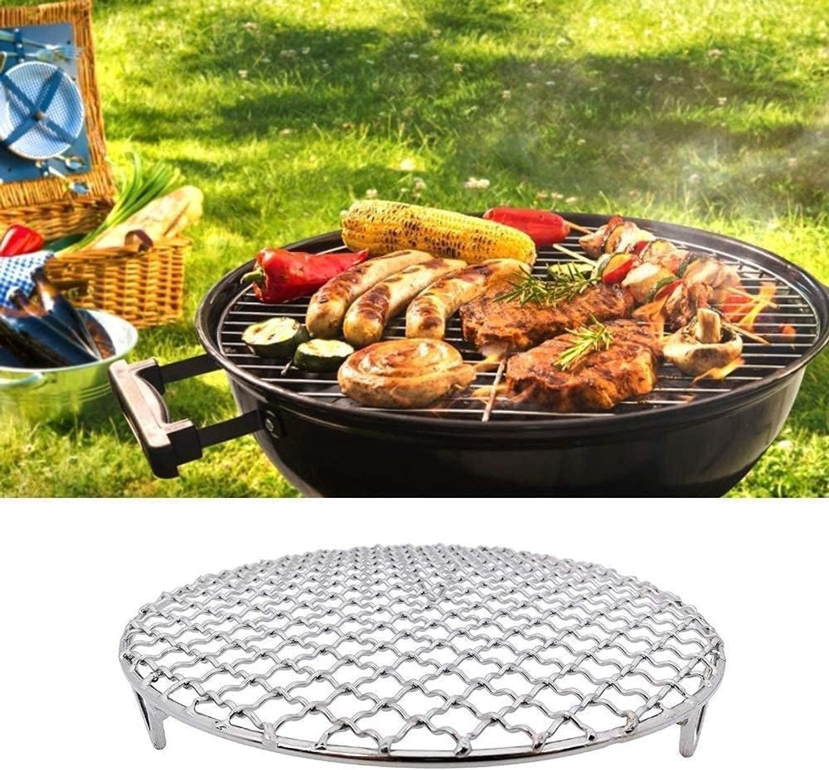 Grill - Grill grate - Grill accessories - Stainless steel grill - Round grill - Cooking and cooling rack - With support legs - For outdoor grilling - Silver - 18 cm/7.1"