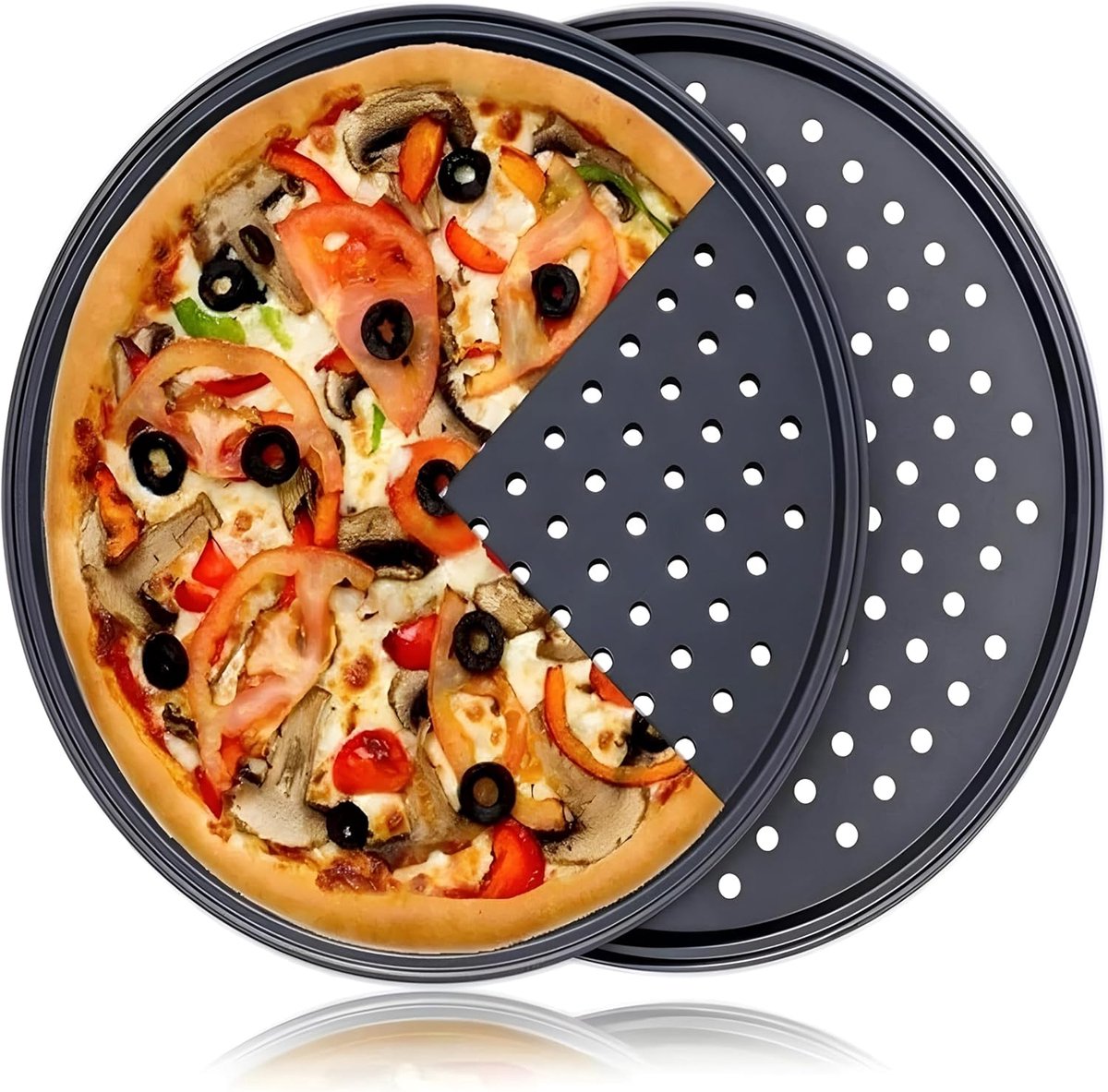 3 pieces - Pizza pans - round pizza plate - pizza baking sheet - baking sheet - round baking sheets with non-stick coating - perforated pizza baking set - pizza pans with holes - for home, kitchen and oven - 24cm, 28 cm, 32 cm - black