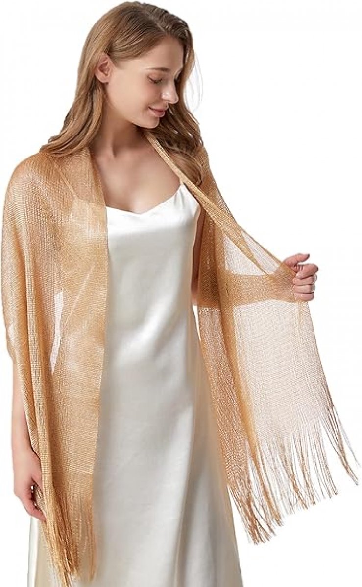 1 Shiny gold ladies' scarf - Ladies' scarf with tassels - Bridal scarf - Bridal scarf - Scarf - Tassel - For wedding ceremony, dinner and bridesmaids - Gold - 175 x 45 cm