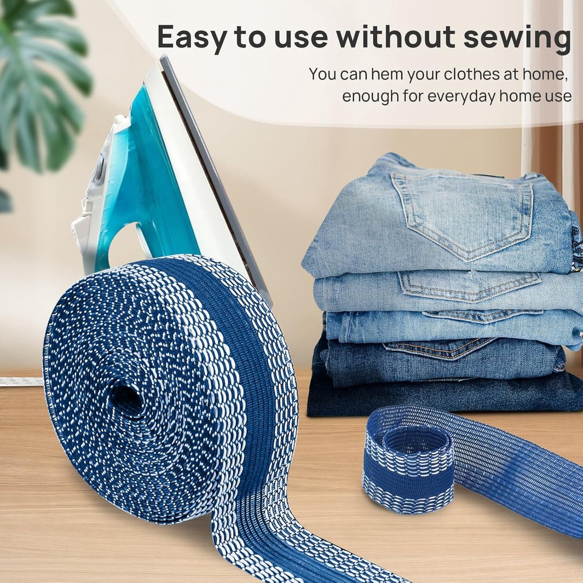 Iron-on tape - 10 m*2.5 cm - Hemming tape - Hemming tape for trousers - Curtain tape - pleating tape - iron-on hem tape - self-adhesive tape without sewing - for hemming - washable repair tape - for jeans, suit trousers, waistband - blue