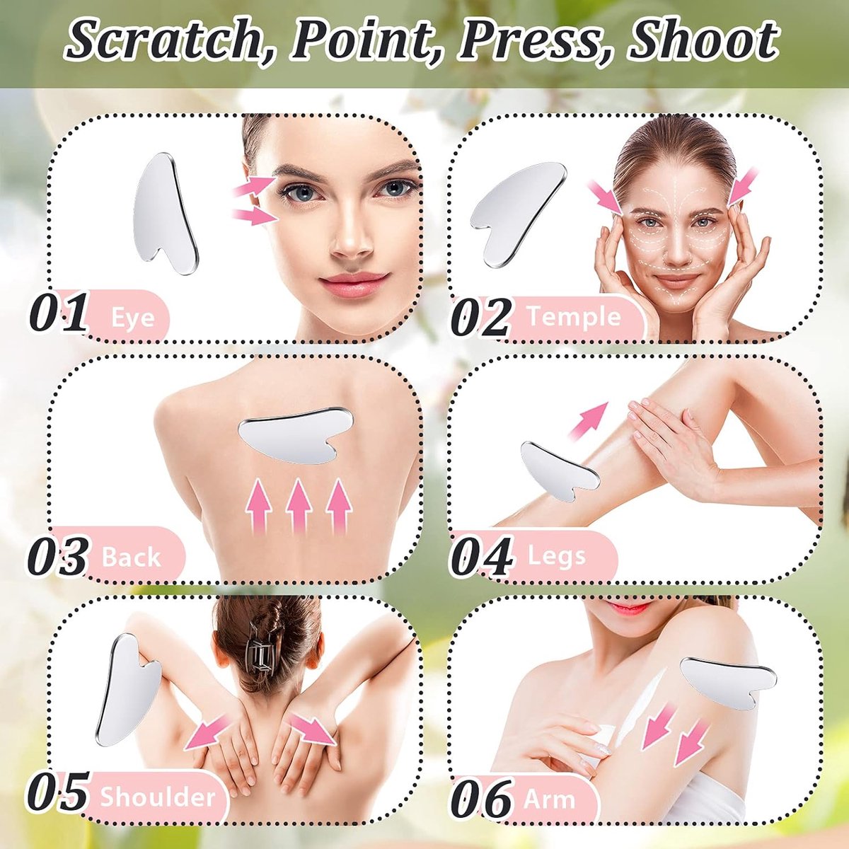 85*55mm - Stainless Steel Gua Sha Facial Instruments - Lymphatic Drainage Massage - Gua Sha for the Face - Metal Gua Sha - Skin Self-Care - Facial Sculpting Gua Sha - for the Body, Eyes, Jawline Shaper - with Dust Bag - Silver