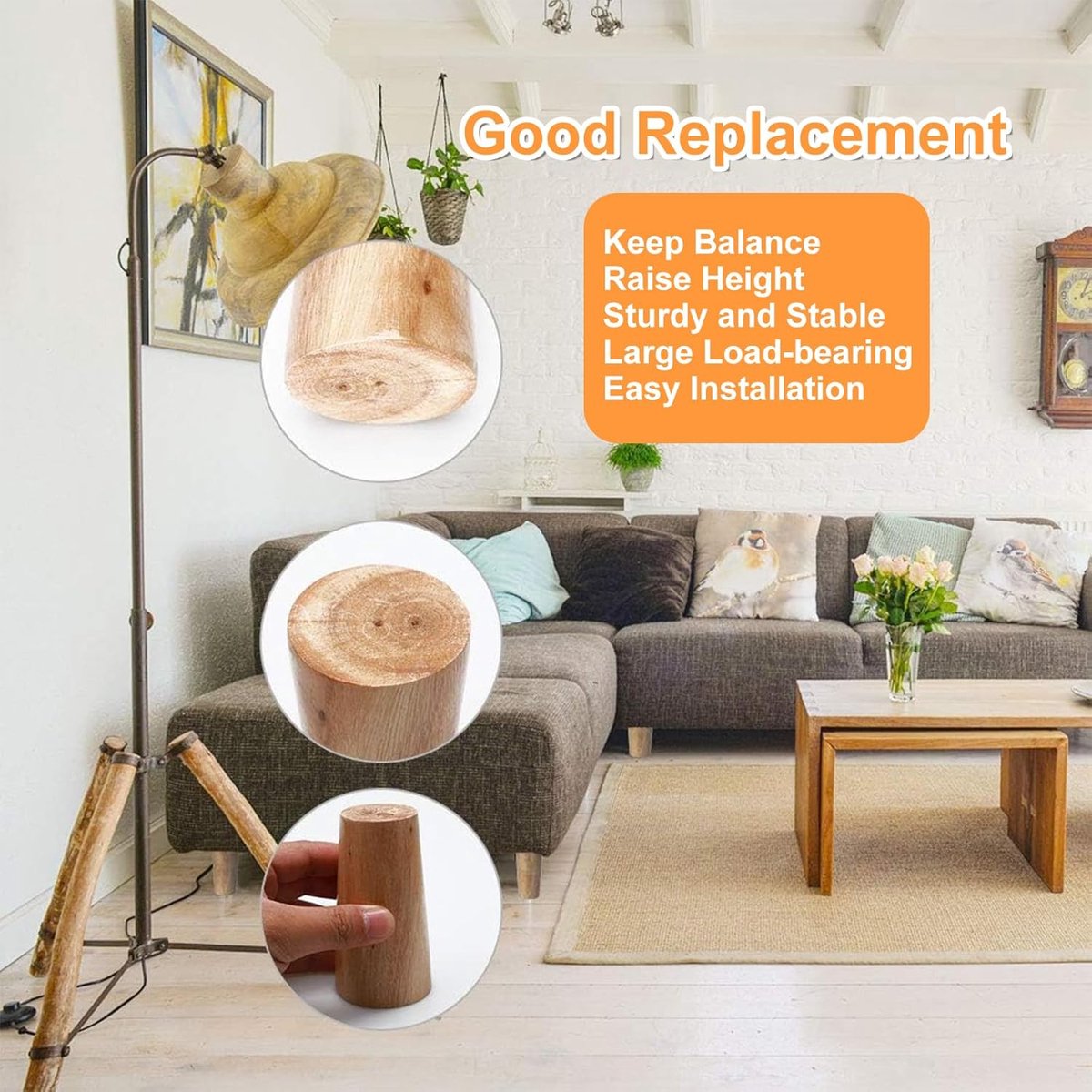 4 pieces - 15 cm - Furniture legs - Table legs - wooden furniture legs - solid tapered wooden table legs - replacement sofa legs - with screws and anti-slip protector - for TV cabinet, wardrobe, sofa, armchair, bed - brown