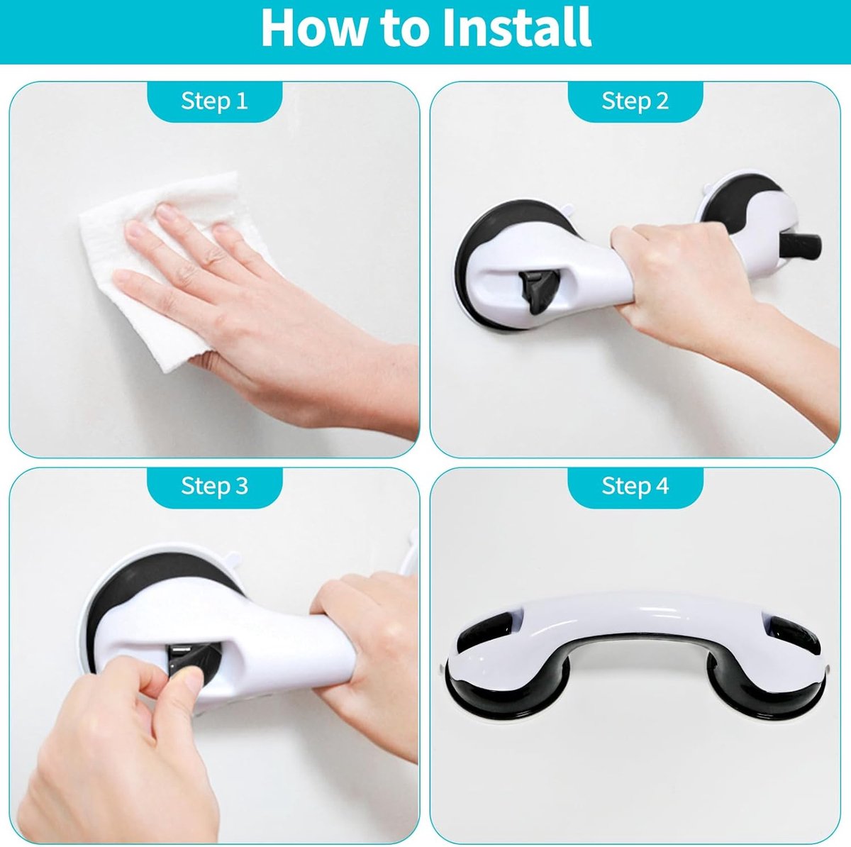 Set of 2 suction cup grab bars - Shower safety grab bars with suction cups - Extra handle - No drilling required - Safety grab bars - Suitable for the elderly and disabled - Shower holder - White Black