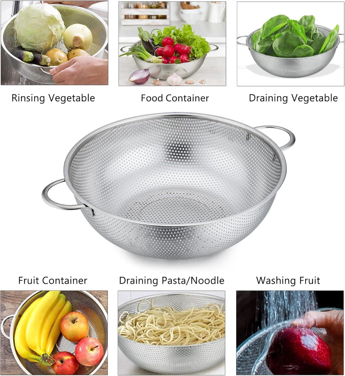 3-Piece Colander - Fine-mesh stainless steel colander - Sieve - on a stand - 2 handles - For draining, rinsing, and washing - Ideal for pasta, vegetables, and fruit - Durable and Dishwasher Safe - Easy Storage - Kitchen colander/sieve