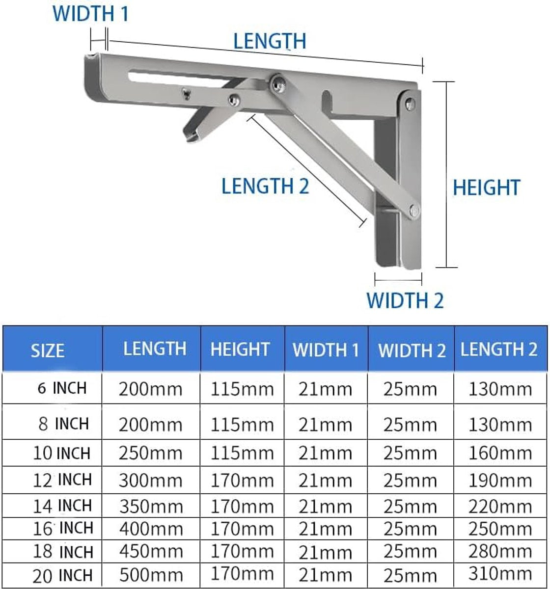 2 pieces - Stainless steel foldable shelf brackets - Support frame - Robust stainless steel foldable shelf brackets for work tables - Space-saving - DIY brackets - 25 cm/10 inches
