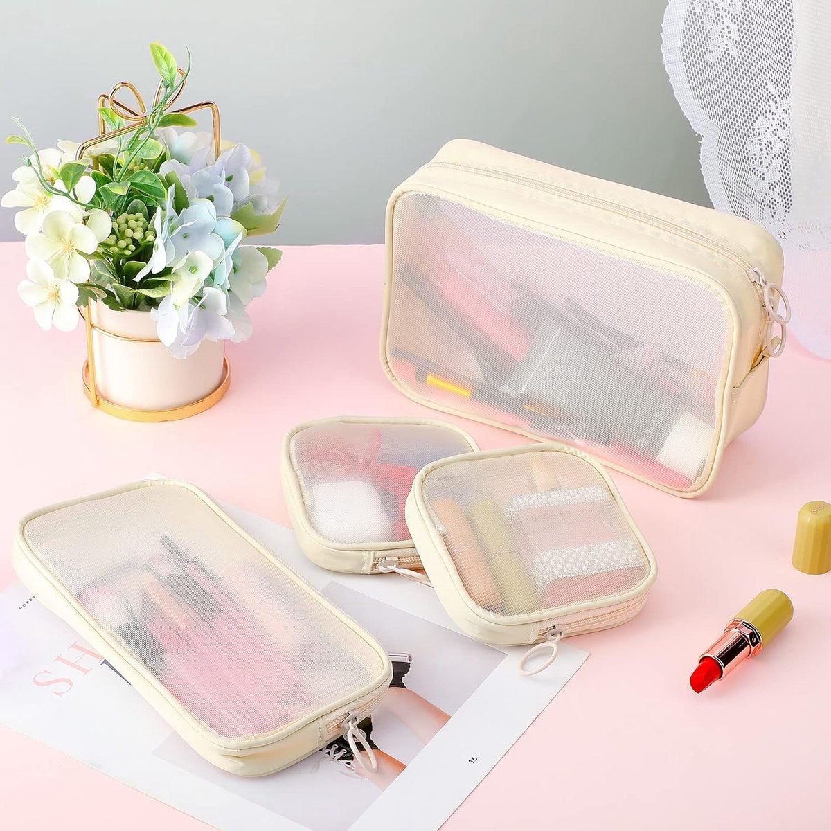 4 pieces - Cosmetic bag - Travel toiletry bag - Storage bag - mesh cosmetic bag - travel bag with zipper - mini makeup bag - for daily accessories - for travel and daily use - small, large, medium - beige