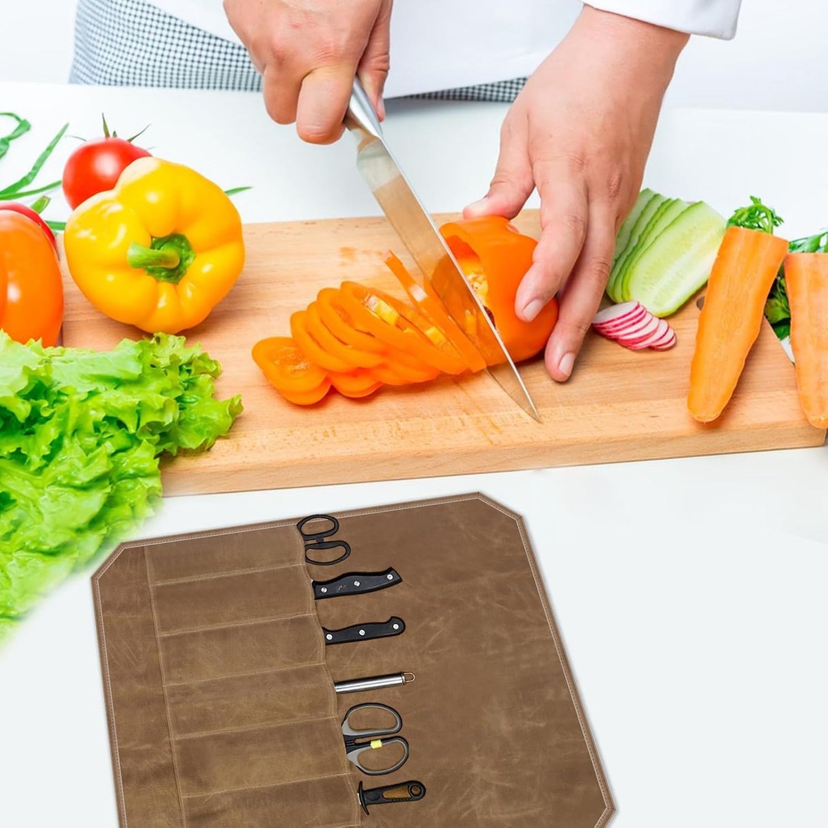 Chef Tools Protector - with 7 slots - Chef's knife roll bag - Knife bag - Waxed canvas knife bag - Cookware - knife case - knife holder - storage bag - cutlery tool roll bag - for camping - (Knives Not Included) - 45*56 cm - Khaki