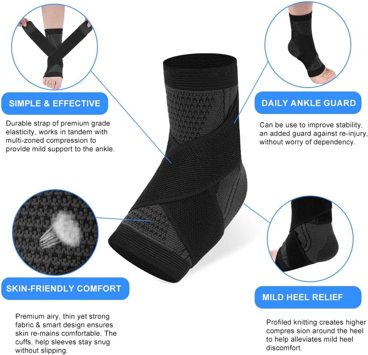 pair - Ankle brace - Ankle support - Ankle bandage - Foot brace - Upper neck circumference 26 cm - for damaged ligaments and sprained ankle - support strap for heel pain with plantar fasciitis - relief of heel pain - Unisex - XL - black