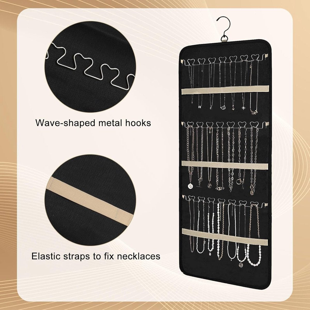 Jewelry organizer - 1 piece - Jewelry holder - Felt hanging bag - Earring organizer - Hanging jewelry organizer - Storage bag - Display rack - Double-sided necklace holder - Jewelry necklace organizer - with large zippered pockets and hooks - 84*36cm - bl