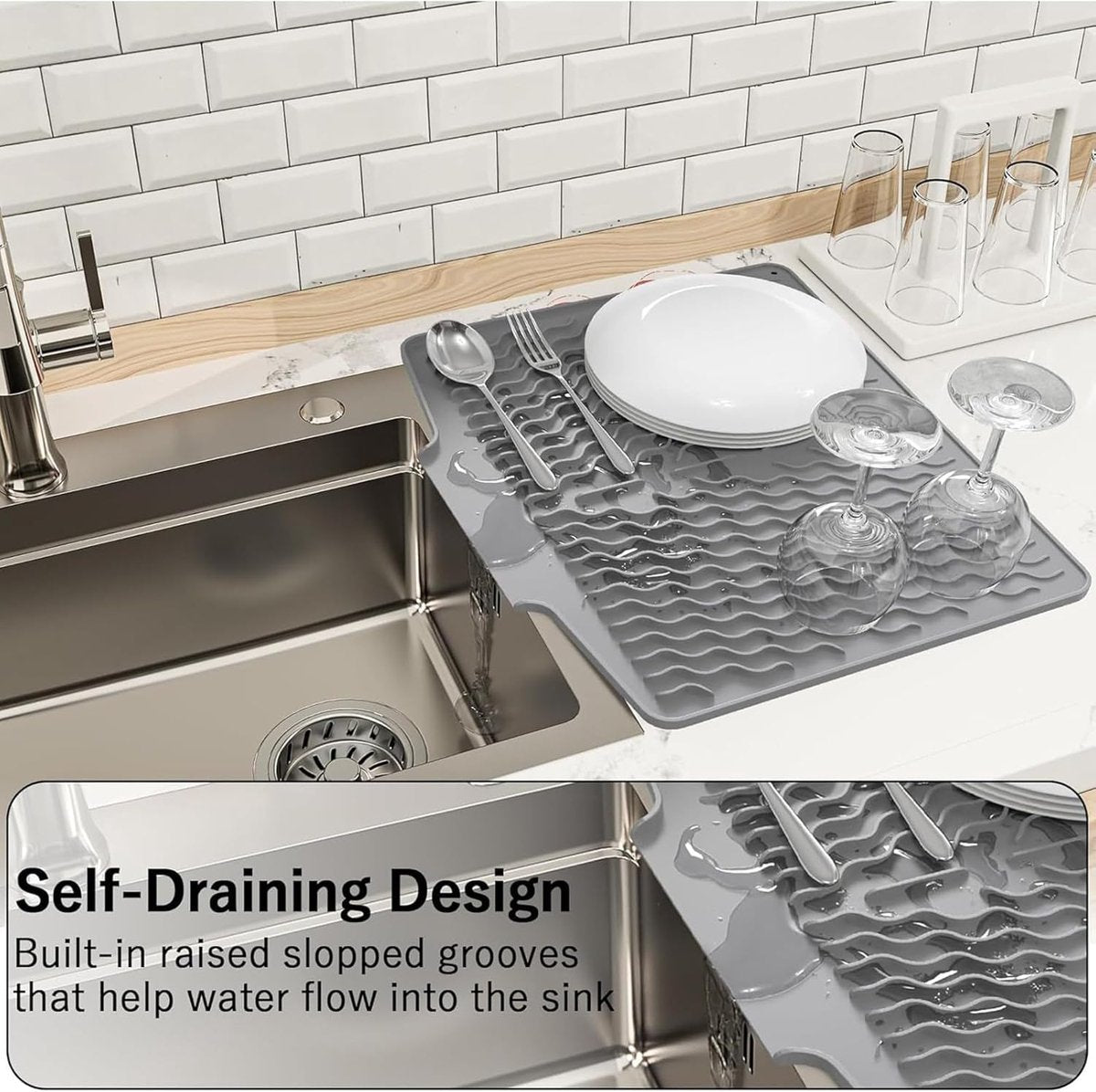 39*32 cm - Drain mat - Countertop drying mat - Foldable silicone drainer - kitchen drying mat - non-slip - silicone drainer - for the sink, for kitchen utensils, cups, fruit and vegetables - grey