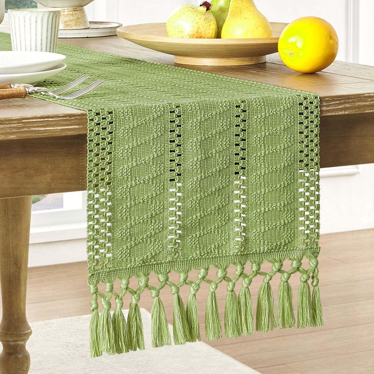 Table runner - tablecloth - Bohemian style table runner - pink table runner - with knotted tassel - farmhouse woven home decor - green - 30*240 cm