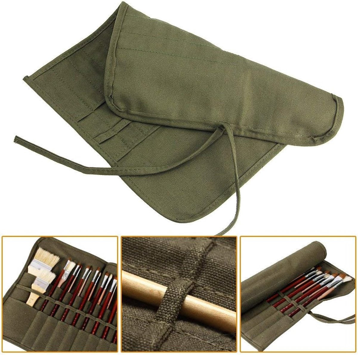 Roll-Up Canvas Brush Case - Brush Holder - Canvas - 22 Slots - Brush Bag - Brush Holder - Pencil Case - Paint Brush Holder - Portable - Roll-Up - Brush Not Included - Suitable for Various Painting Tools - 40.5*33cm - Vegetable