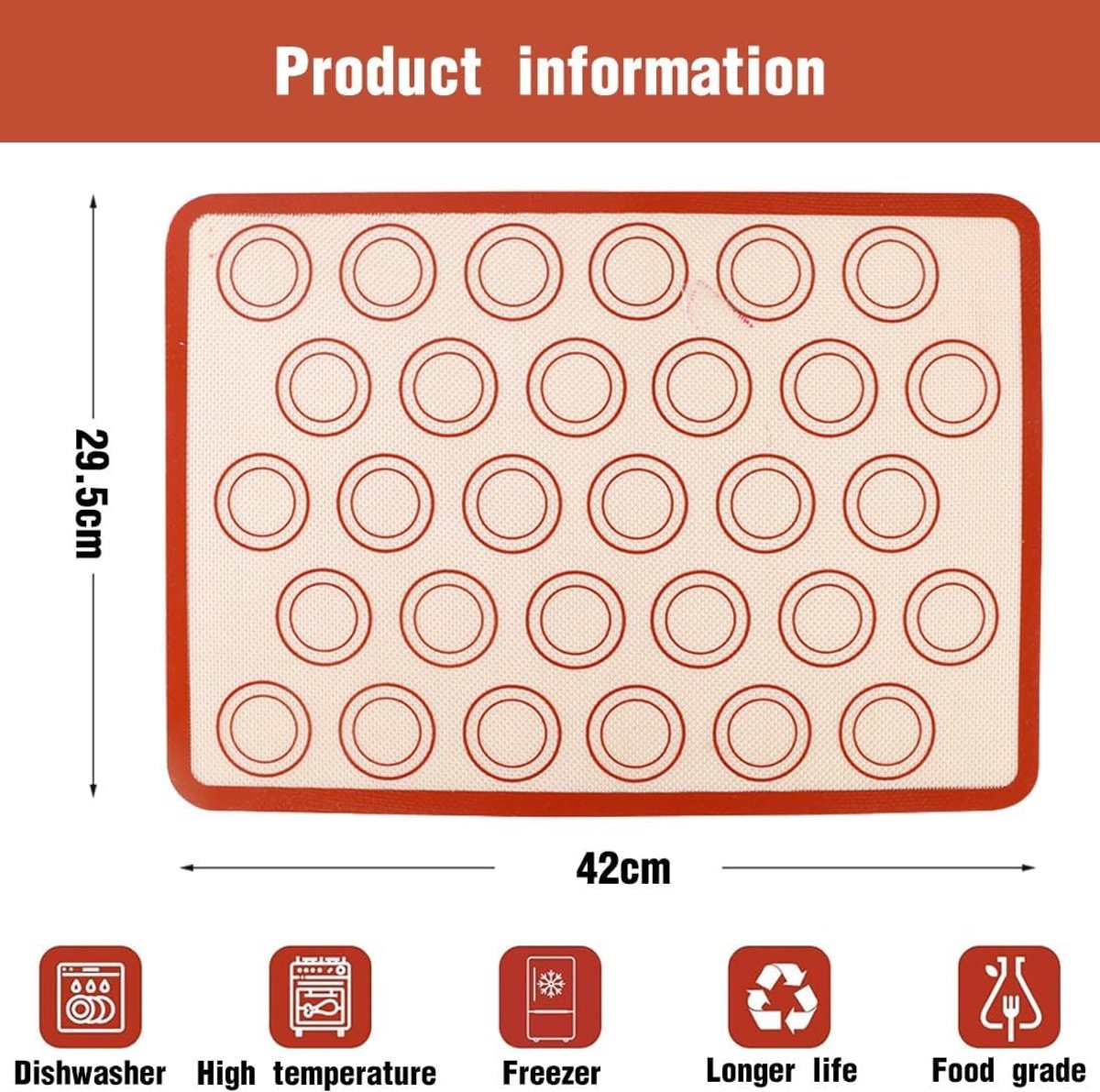 2 pieces Silicone macaron baking mat - 42 x 29.5 cm - Non-stick mat - Non-slip - Washable - Reusable - For making gingerbread / cake / bread - Non-stick silicone macaron baking tray - Red