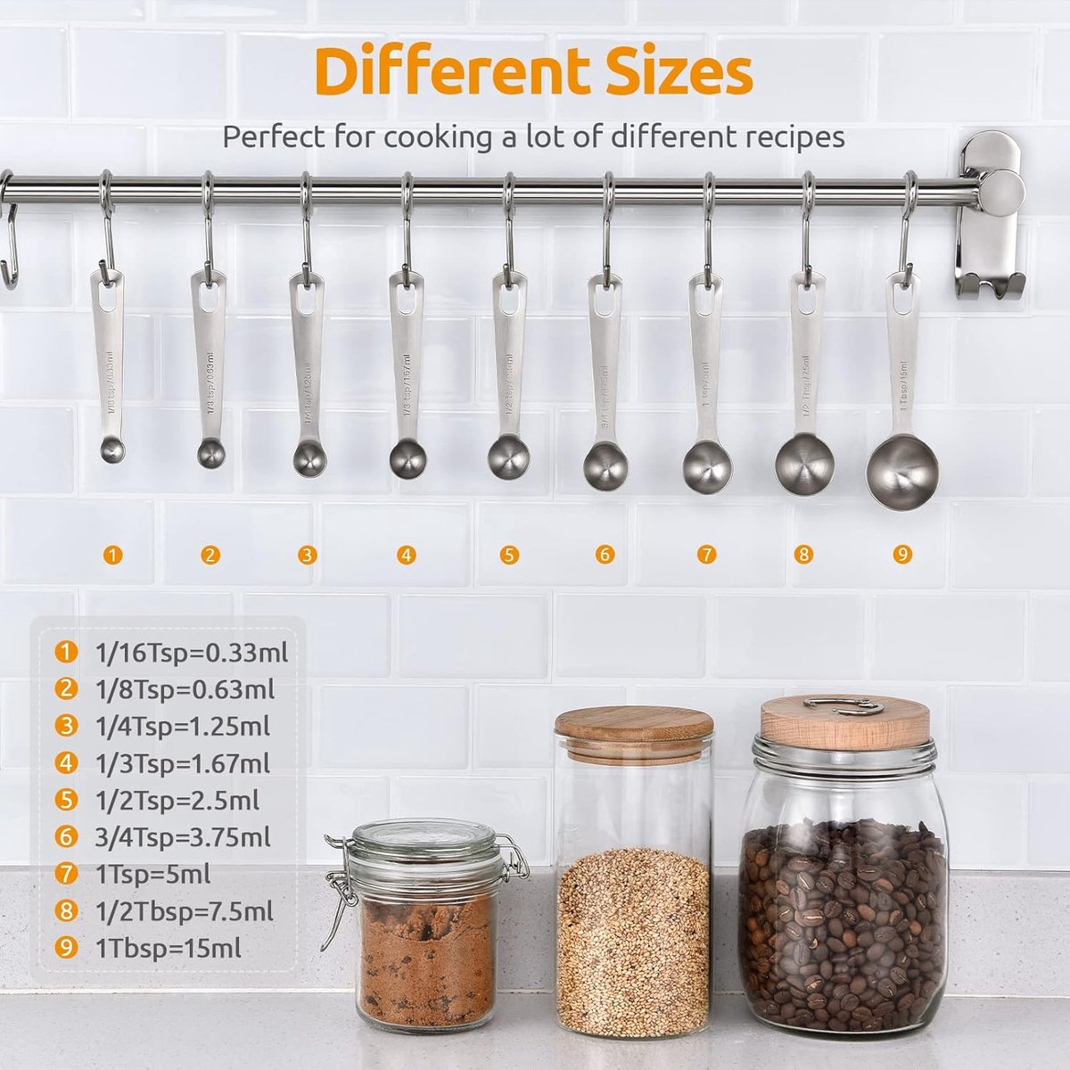 Measuring Spoons Set - 9 Pieces - Measuring Spoons Cups - BPA Free - Measuring Spoons - Measuring Spoons - Gram & ML Weighing - Measuring Spoons - Measuring Cups Spoons - Measuring Spoons - Stainless Steel - Silver - 15ml / 7.5ml / 5ml / 3.75ml / 2.5ml /