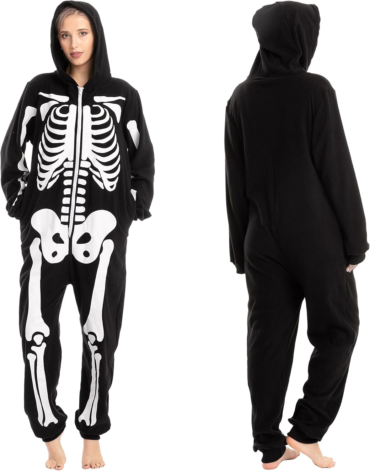 Unisex Skeleton Onesie Pajamas Plush Skeleton Jumpsuit Zipper Halloween Hoodie Pajamas for Adults Sleepwear Costume Black XL