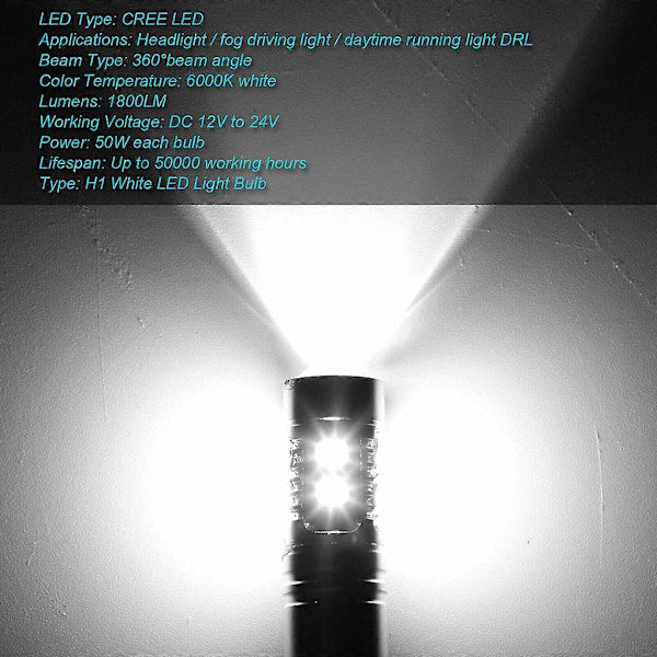 H1 LED Headlight Bulbs High and Low Beam Fog Lights 100W 6000K Conversion Kit 2x
