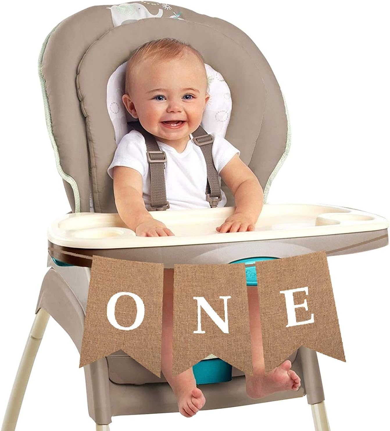 ONE High Chair First Birthday Burlap Banner | First Birthday Party Rustic Theme Decoration for boy or Girl | 1st Birthday Party Supplies | Happy Birthday Banner for Nursery Decor Product Name