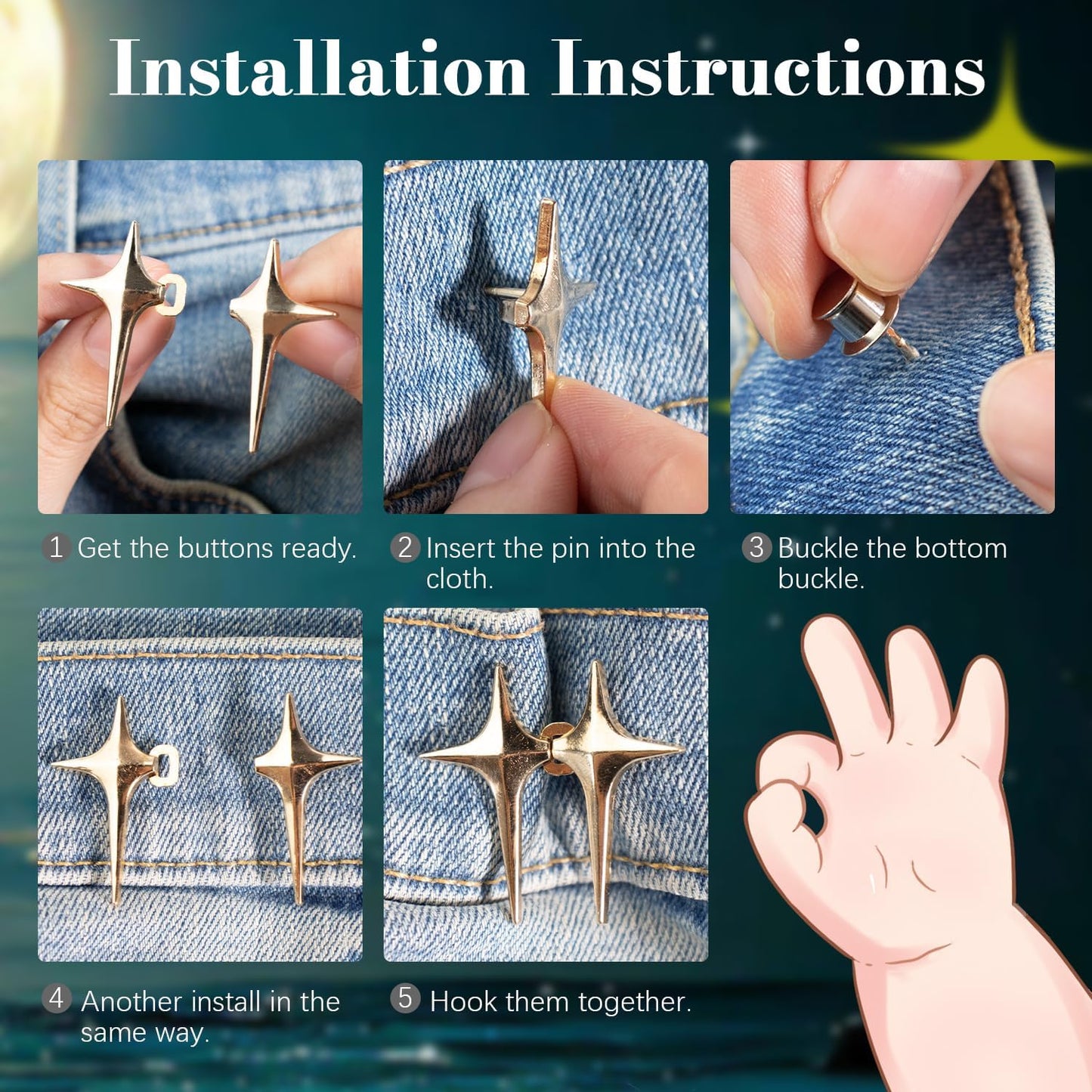Jeans Button, 4 Sets Adjustable Star Button for Jeans, Detachable Decorative Waist Buckles, Perfect Fit Tighten Waist Adjustment Instant Button Pins for Pants - Silver