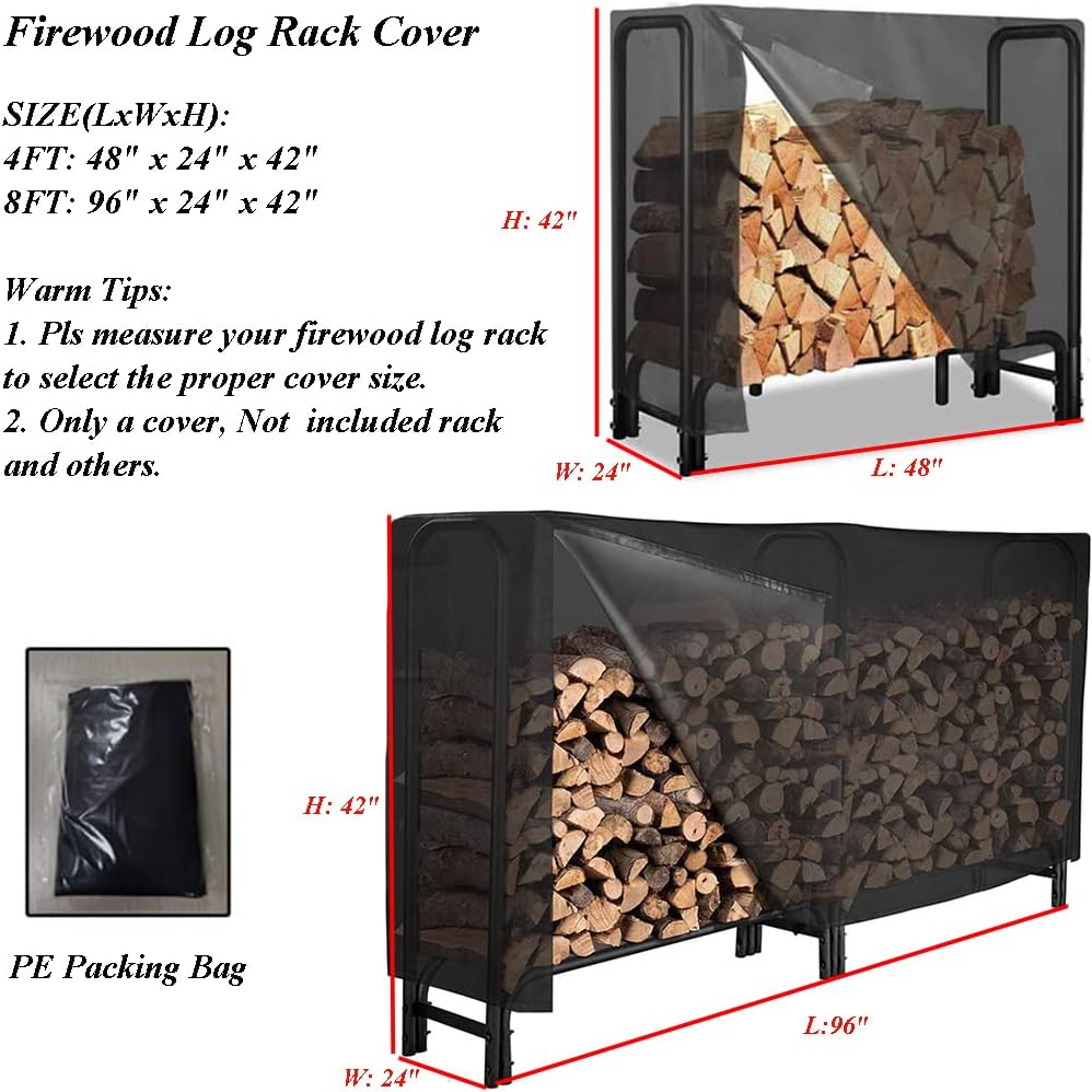 Firewood Log Rack Cover 4ft / 8ft Heavy Duty Waterproof Wood Pile Outdoor Patio Garden Fireplace Holder Fire Storage Covers (4FT: 48" x 24" 42") 4FT: 42"