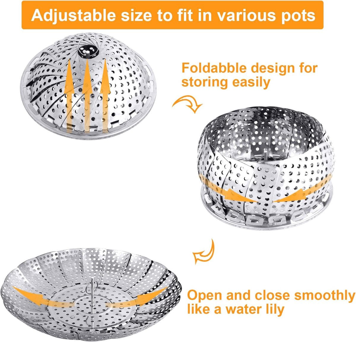 Vegetable Steamer Basket - Collapsible Steamer Basket - Stainless Steel Foldable Steamer Basket - For Cooking Food - Expandable, Suitable for Pots of Different Sizes (13.5cm to 21.8cm).