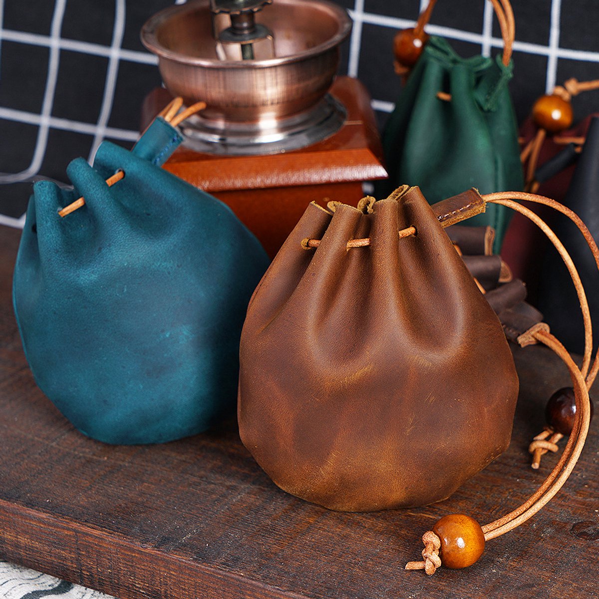 Drawstring Wallet - Leather Drawstring Wallet - Small Organizer for Headphones, Jewelry, and Candy - Coconut Brown