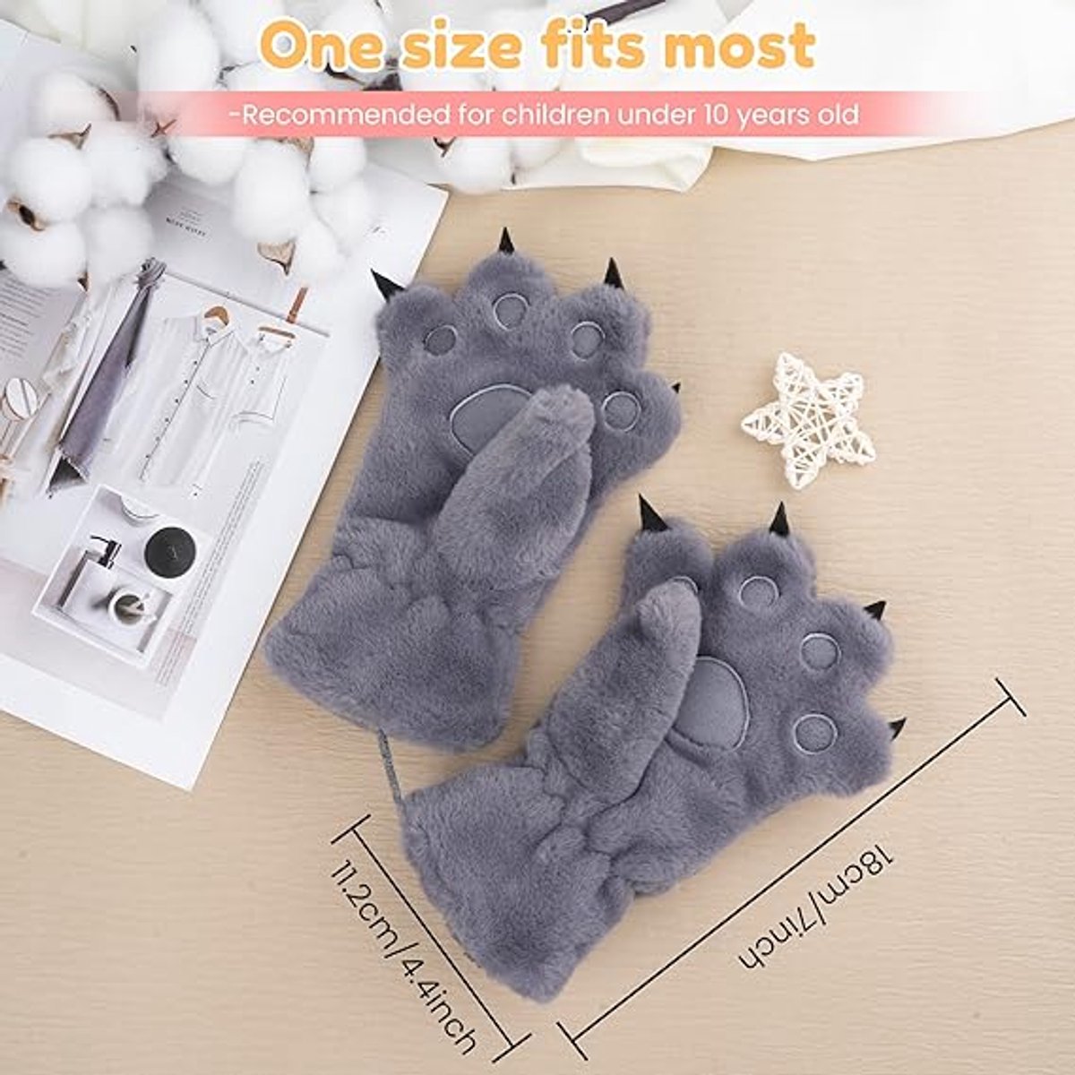 Gloves - 1 pair - Winter gloves - Cartoon gloves - Neckband - Children's gloves - Warm gloves - Plush gloves - One size(Gray)