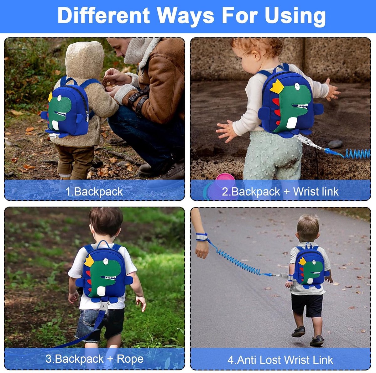 Leash - Dinosaur Backpack + 4-in-1 Leash and Adjustable Safety Wristband (Ideal Gift)