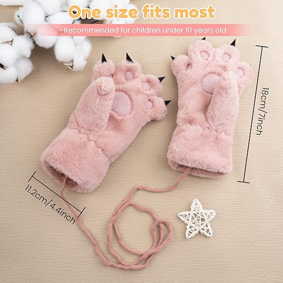 Gloves - 1 pair - Winter gloves - Cartoon gloves - Neckband - Children's gloves - Warm gloves - Plush gloves - One size(Pink)