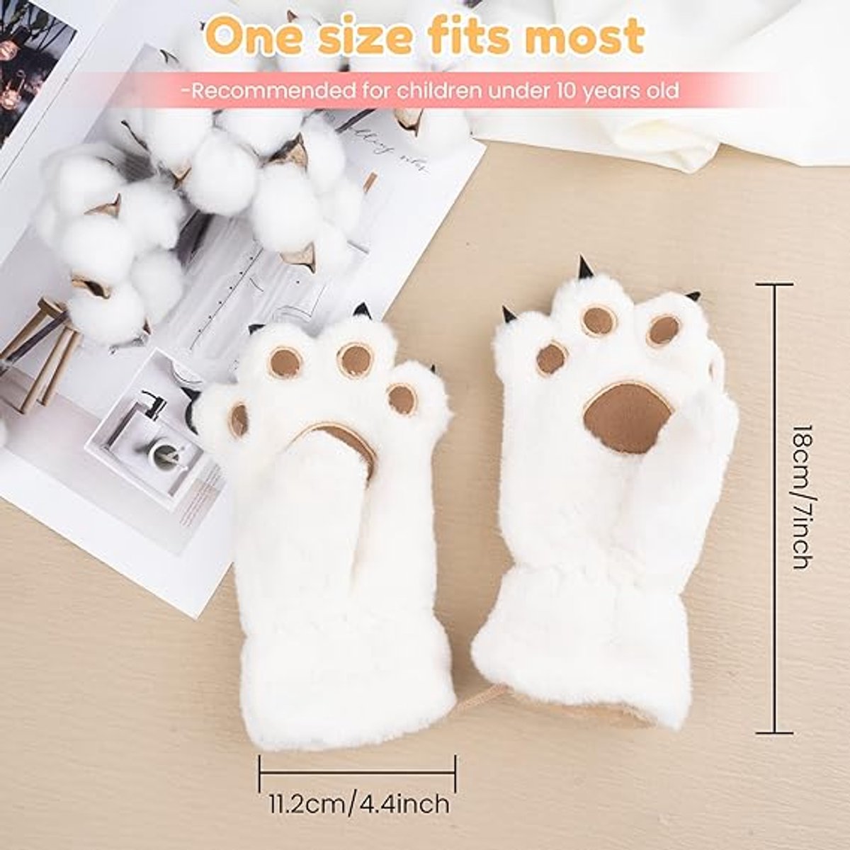Gloves - 1 pair - Winter gloves - Cartoon gloves - Neckband - Children's gloves - Warm gloves - Plush gloves - One size(White)