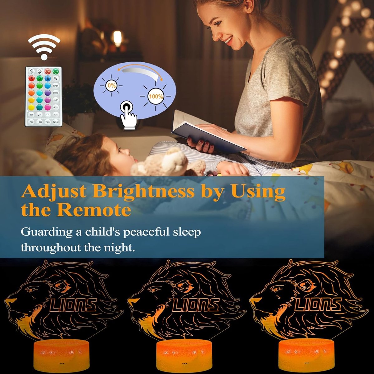 Night Light for Kids - 3D - Baby Night Light - 16 Color Changes - With Remote Control and Timer - RGB Flashing Mode - Bedroom Table Lamp - Lion Light - Christmas and Birthday Gift