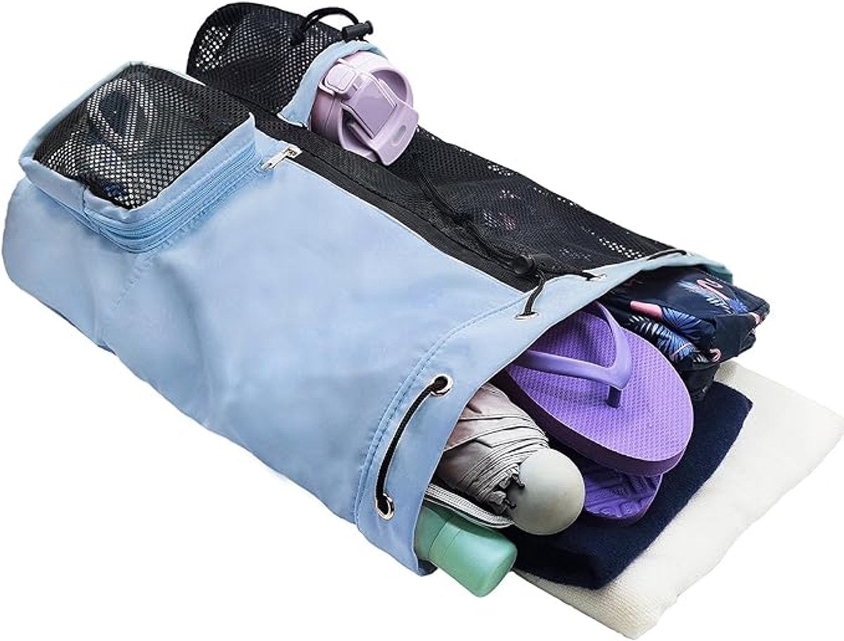Backpack - Sports Bag - Travel Bag - Training Bag - Swimming Bag - 30*15*45cm - Mesh Material - Drawstring Design - Side Storage Space - Unisex - Suitable for Fitness, Swimming, Travel, Dancing, Camping(Blue)