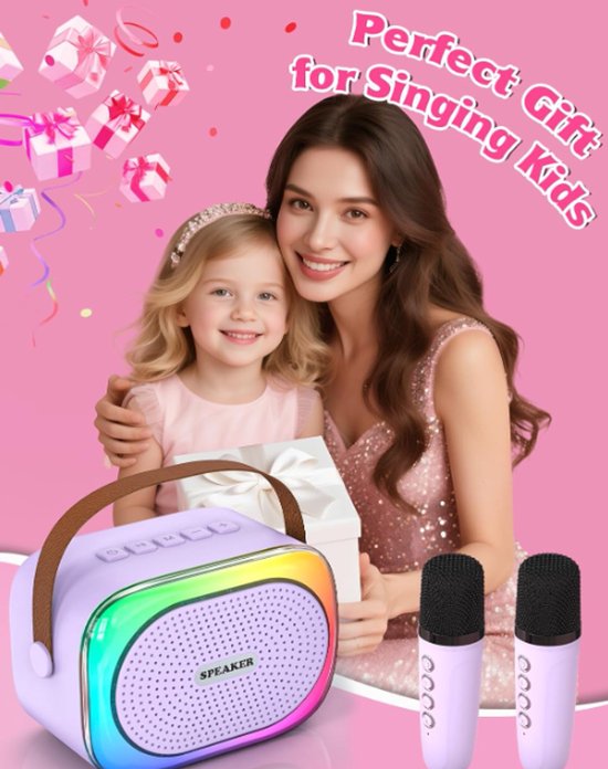 Karaoke set for kids - Portable Bluetooth speaker for car - Equipped with 2 karaoke microphones - Voice changer and LED lights - Ideal birthday gift for teenagers and children - Purple