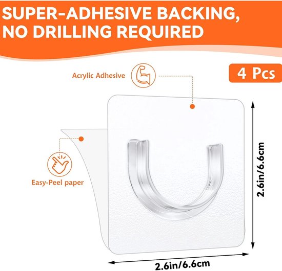 Shower rod bracket - Curtain bracket - Self-adhesive rod mounting without drilling - Transparent rod hook - Mounting stickers (8 pieces)