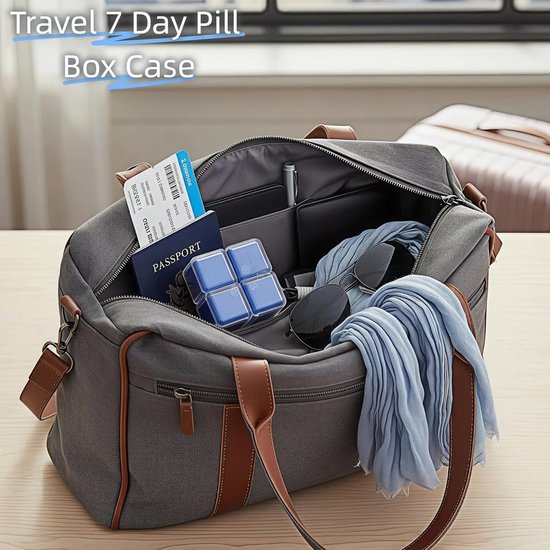 Medicine box - 7-day medicine box - Weekly pill box - Portable pill box for travel - Easy to open - 8 compartments - For storing vitamins and medicines - Blue